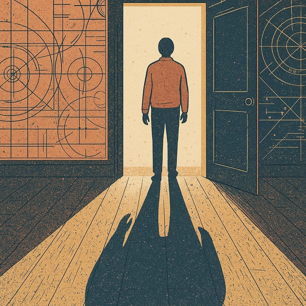 A silhouetted figure stands hesitantly at a luminous doorway with their long shadow cast behind them on wooden floors, dust particles floating in warm morning light.