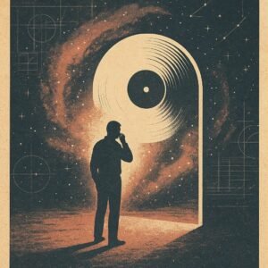 A silhouetted figure stands before a glowing vinyl record portal amid cosmic dust, questioning whether their unconventional entry point into Ashtanga yoga is valid.