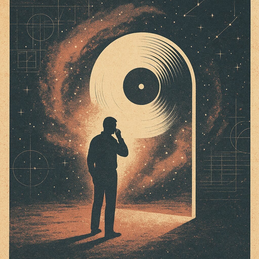 A silhouetted figure stands before a glowing vinyl record portal amid cosmic dust, questioning whether their unconventional entry point into Ashtanga yoga is valid.