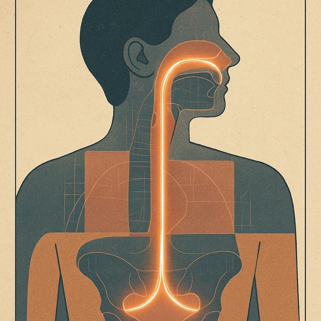 Two luminous vertical lines trace through a body silhouette connecting the soft palate above to the pelvic floor below with gentle arcs showing their mirror relationship.