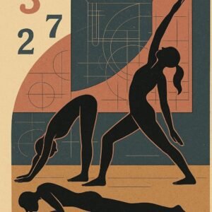 A silhouette flowing through yoga postures with scattered, unanchored numerals floating randomly in the background, suggesting movement without conscious counting structure.